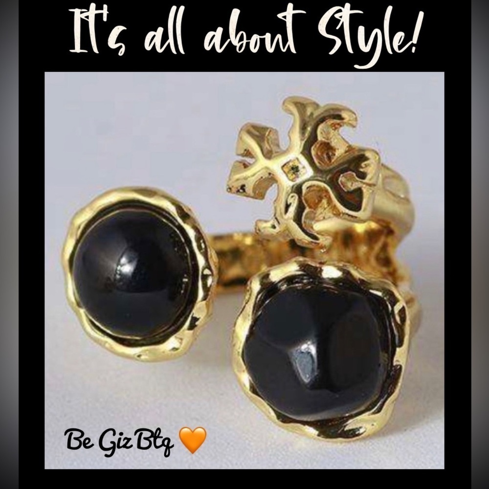 🔥🔥Tory Burch Authentic Roxanne Semiprecious Statement Ring Black And Gold Size 7 - Picture 3 of 16